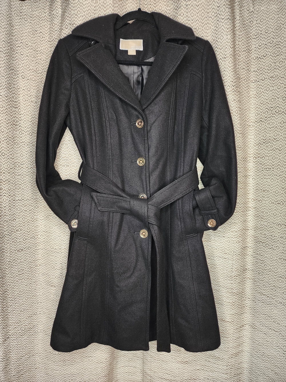 Michael Kors Black Wool Blend Belted Trench Coat With Hood